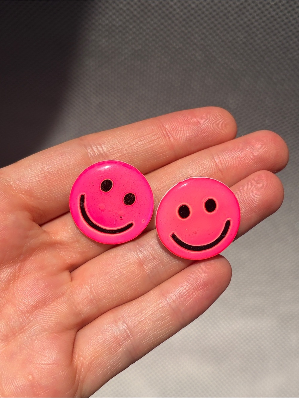 Neon Pink Smiley Face Button Earrings